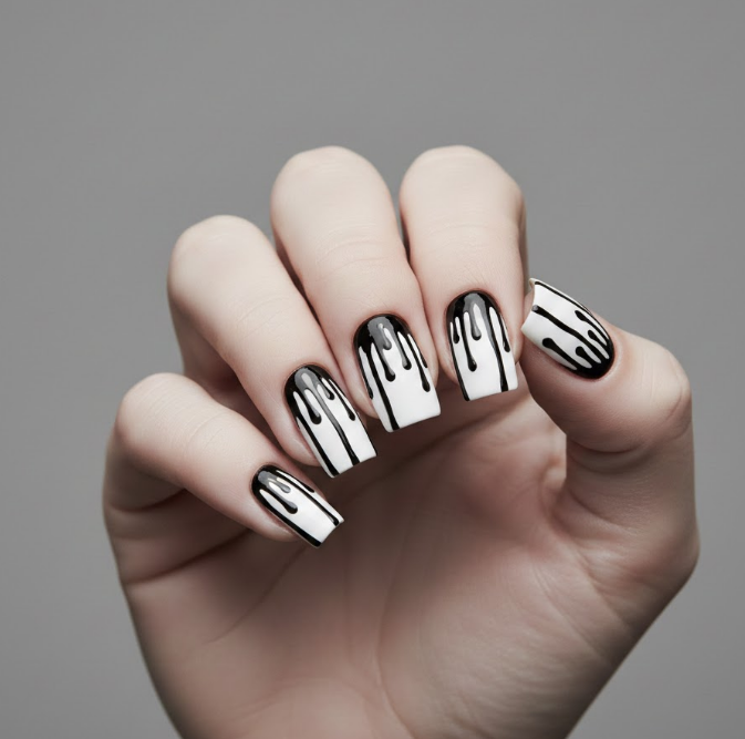 Black nails with white drips or vice versa, graphic and modern, bold contrast drip nails