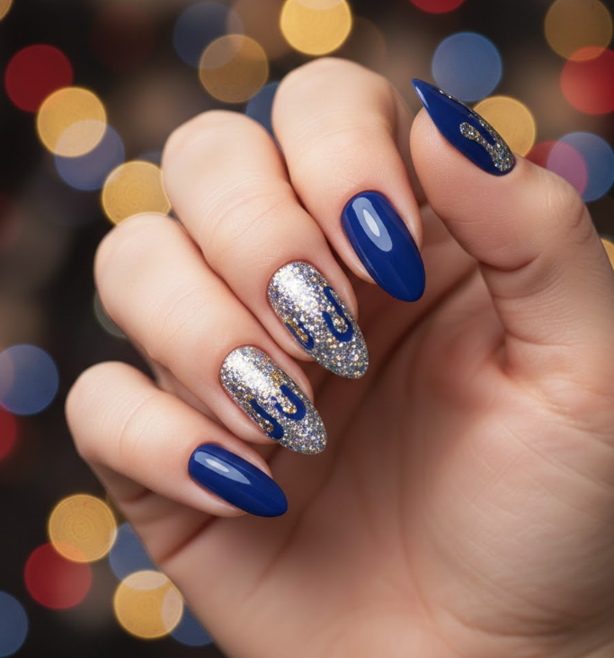Glitter polish used for drips over solid nails or glitter base with drips, dazzling drip nails for parties