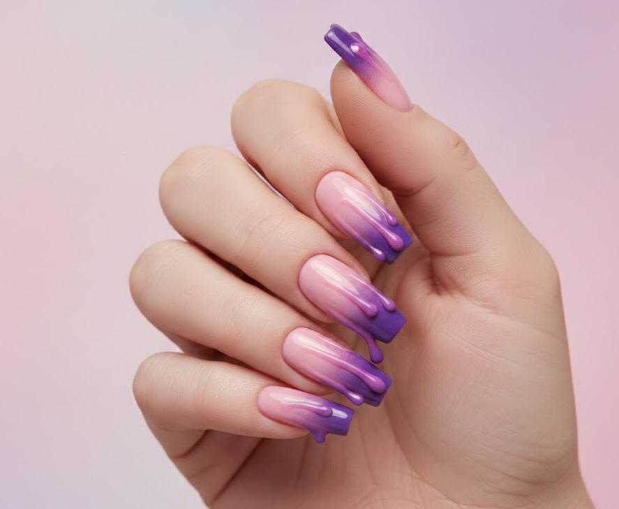 Ombre nails fading pink to purple with coordinating drips, seamless and artistic drip nails