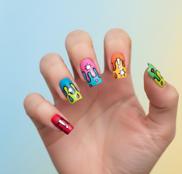 Bright cartoon-style drips on nails, playful, youthful, and creative drip nails design