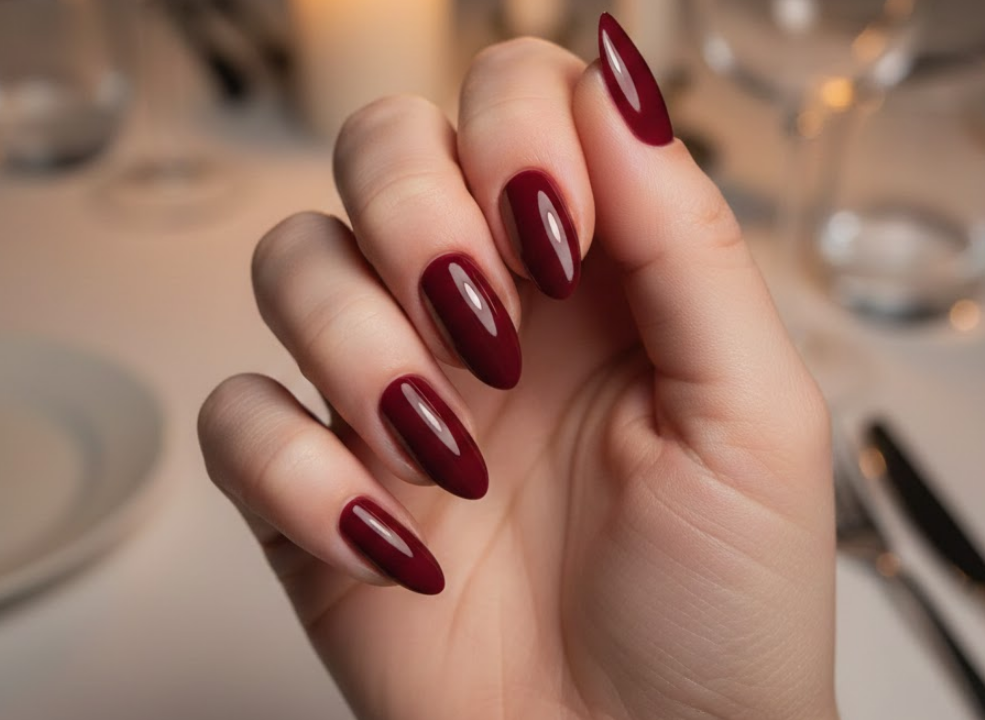Deep wine-red nails that feel sultry and sophisticated, great for a classy evening