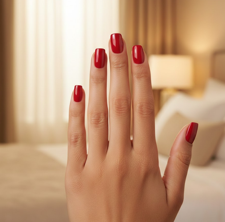 All nails painted in a shiny, classic red—clean, elegant, and timeless, perfect for red Valentine’s nails