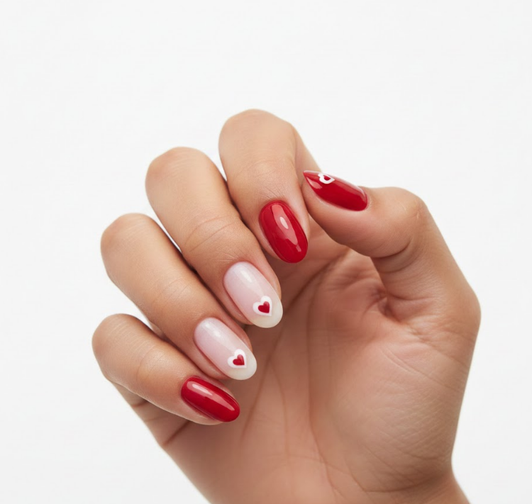 Some nails creamy nude, some vibrant red, with tiny white hearts or delicate lines for a romantic touch