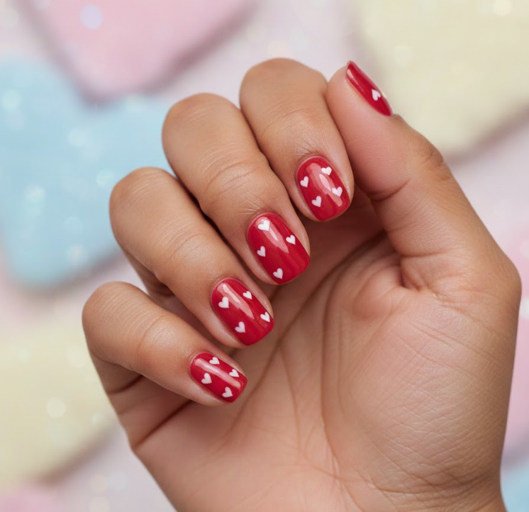 Red nails sprinkled with little hand-painted white hearts, playful and sweet