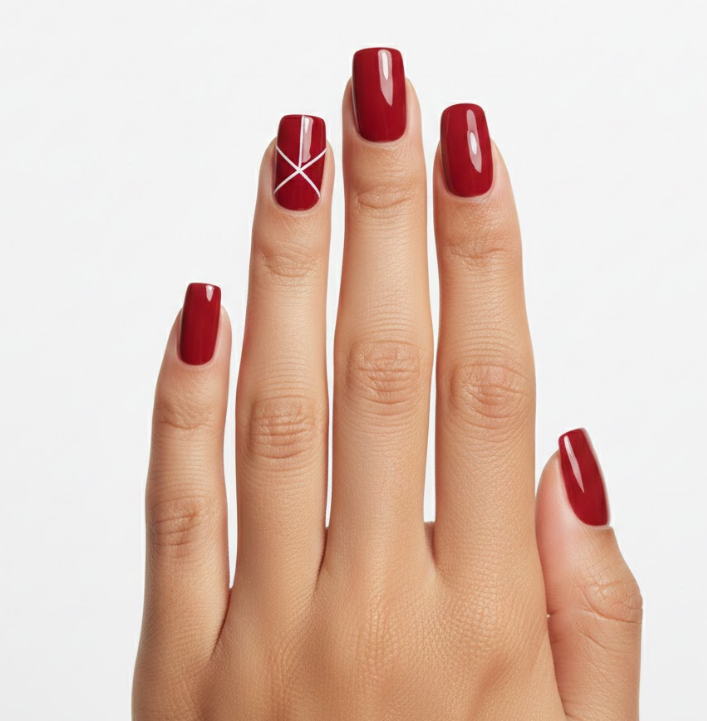Bright cherry red nails with thin, clean white lines, modern and chic