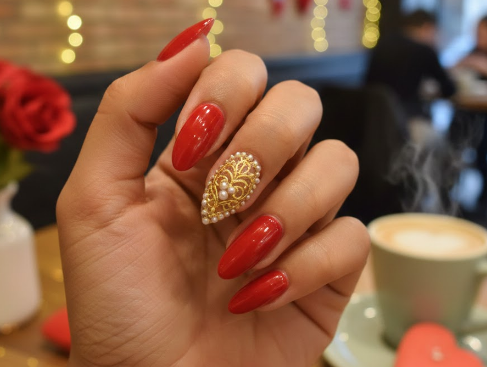 Glossy red nails with one accent nail featuring a perfect heart, subtle but eye-catching