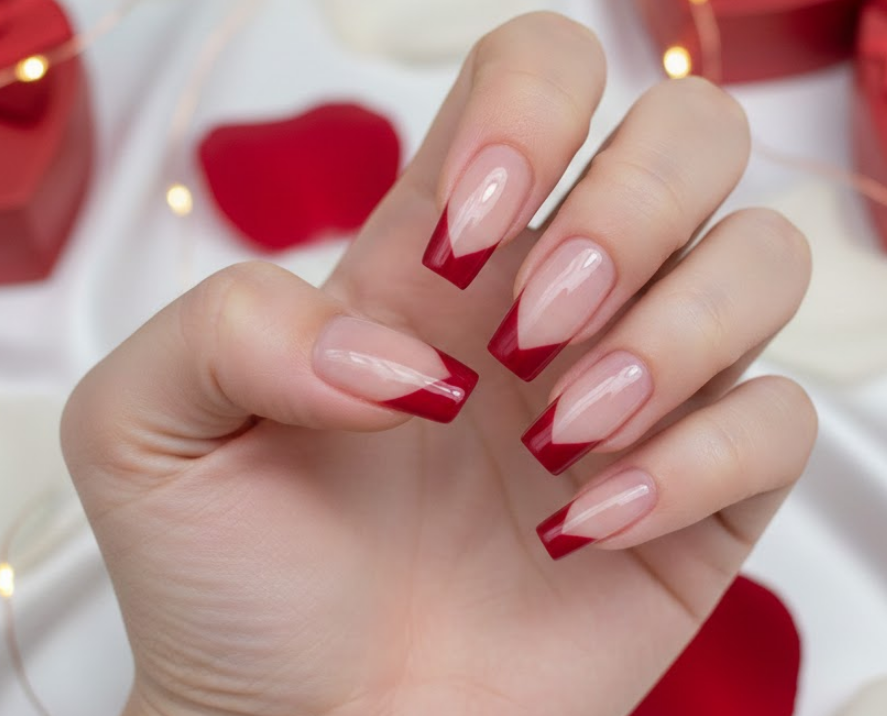 Bold red heart-shaped tips on nails for a dramatic, graphic Valentine’s look