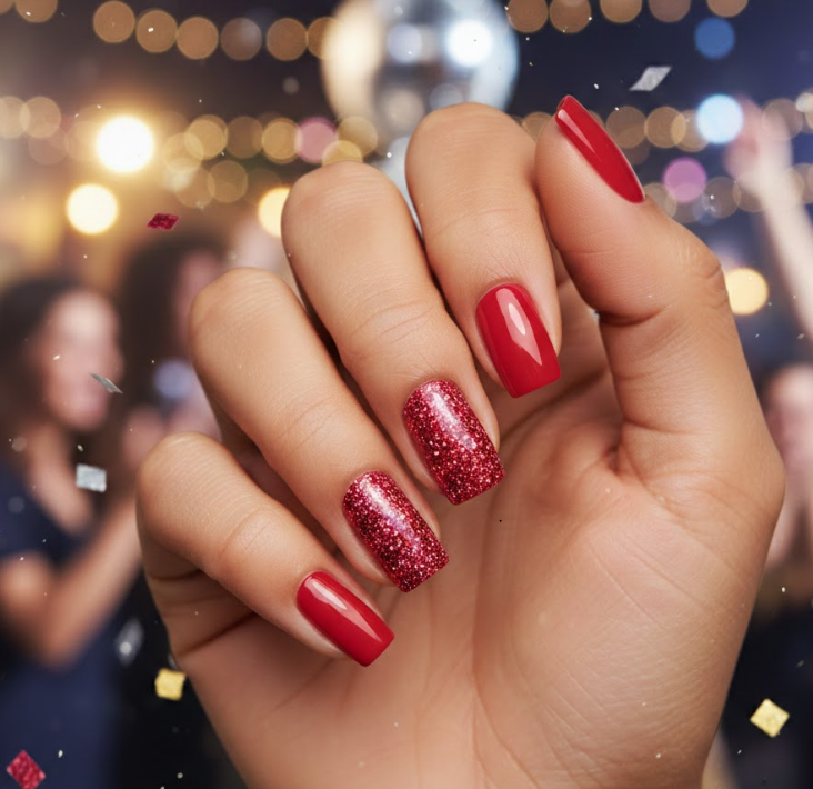 Creamy red nails with one or two glitter accent nails, sparkly and party-ready