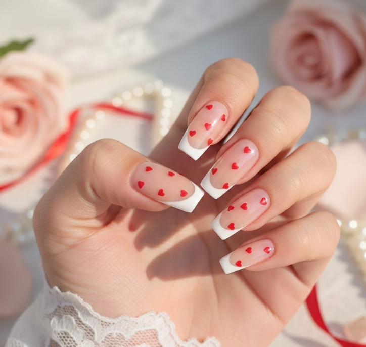 rench-style tips shaped like little hearts on nude or red base, clever and cute