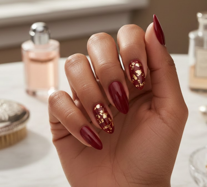 Red nails with delicate gold foil pieces pressed in, luxurious and festive