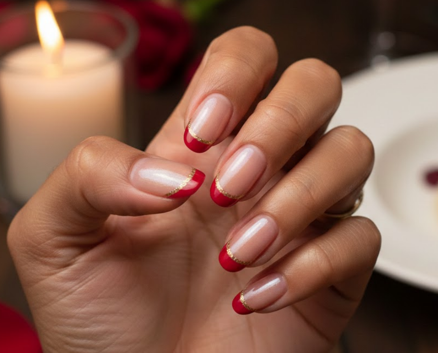 Classic red French tips with a thin line of glitter underneath, subtle and elegant