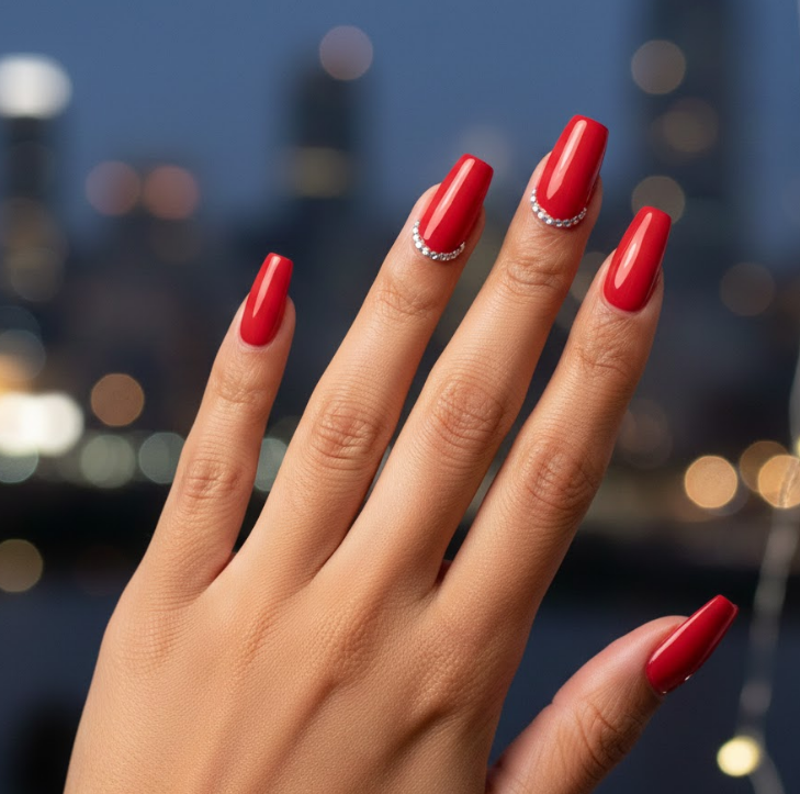 Red nails accented with small rhinestones near the cuticle for a touch of 3D glam