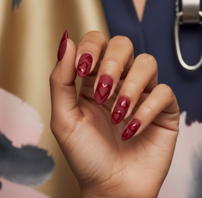 Matte red nails with shiny hearts on top, creating a cool contrast, perfect for red Valentine’s nails