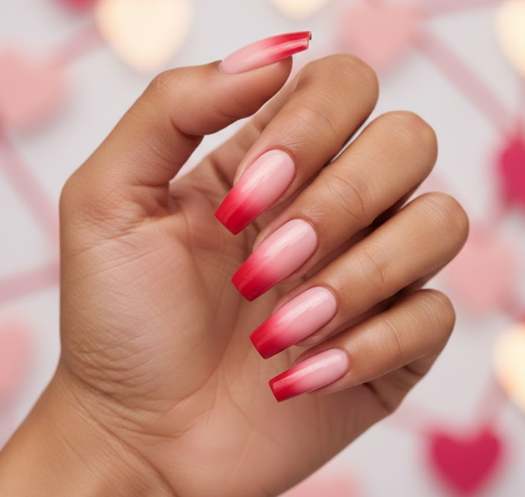 Gradient from red at the cuticle to soft pink at the tip, dreamy and romantic