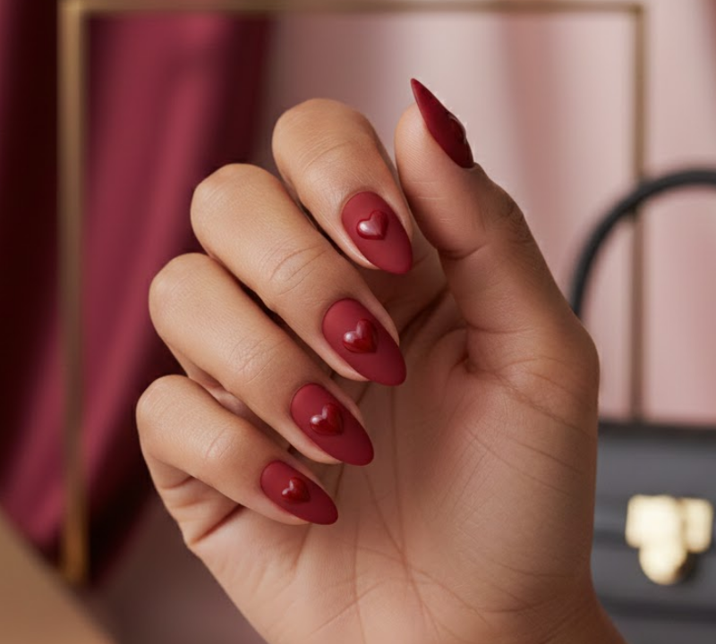 Matte red nails with shiny hearts on top, creating a cool contrast, perfect for red Valentine’s nails
