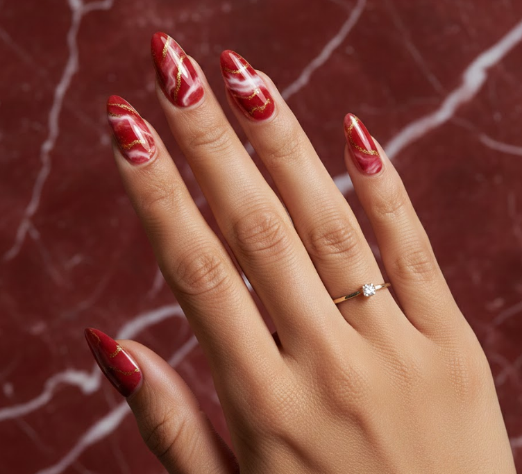 Red, white, and sometimes gold swirled together to mimic marble, unique on every nail