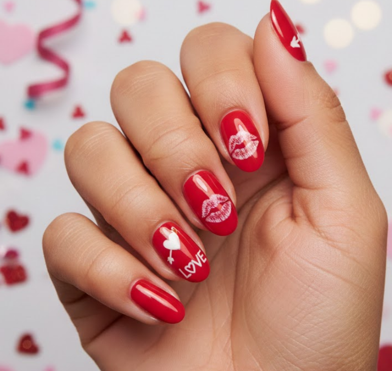 Glossy red nails with small lipstick kiss marks, flirty and playful