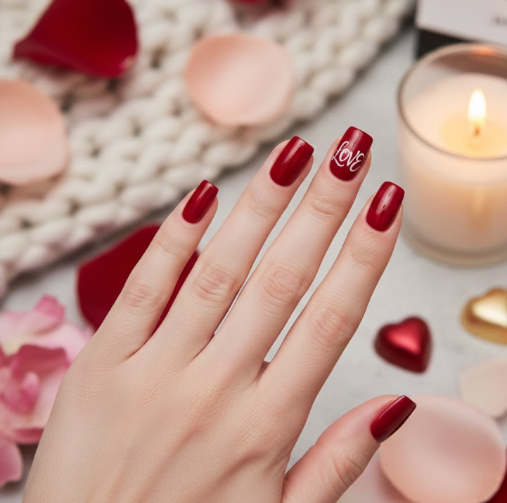 One accent nail with “LOVE,” “XO,” or “AMOUR” written in delicate script on red nails