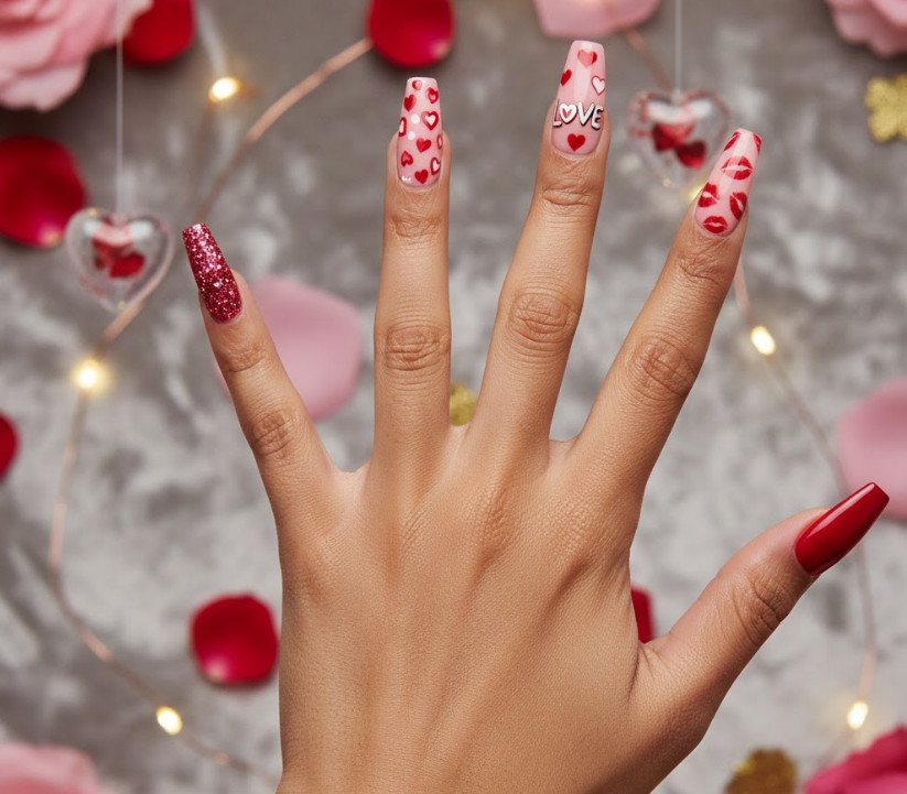 Different designs on each nail—glitter, hearts, text, kiss marks, and solid red, fun and eclectic