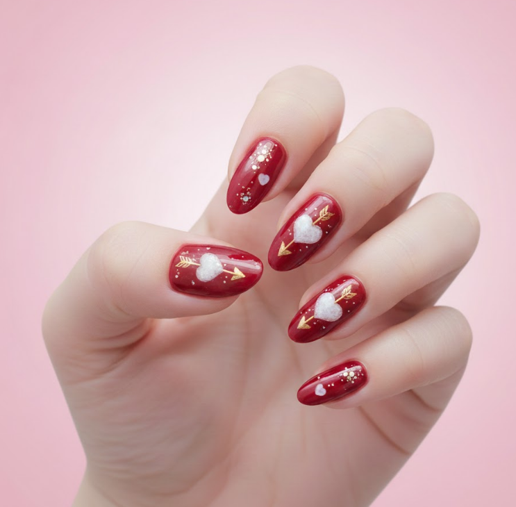 Small heart with a tiny arrow painted on red nails, symbolic and cute