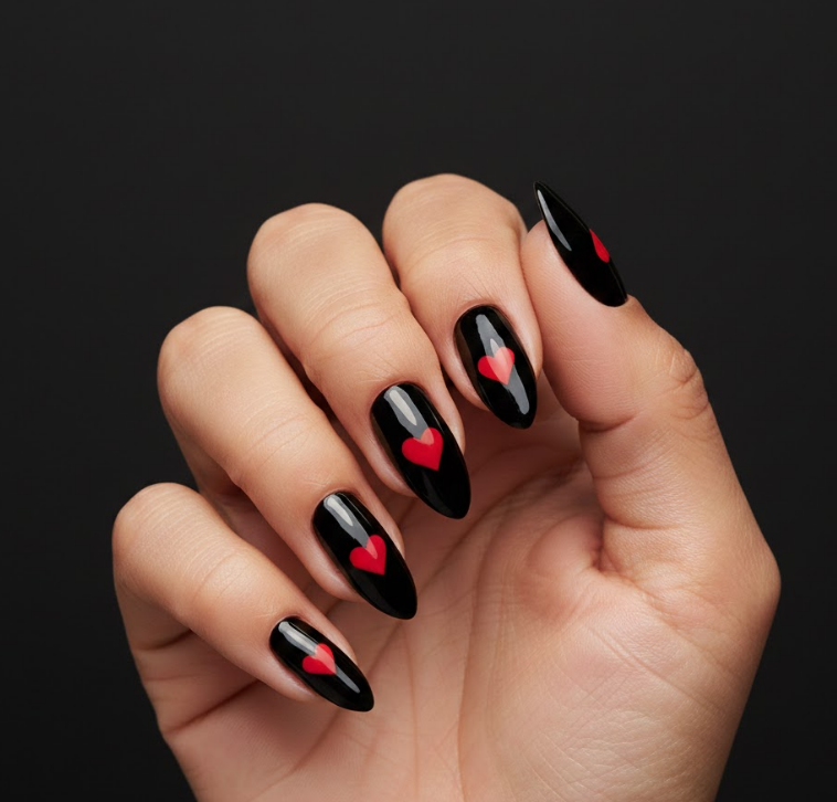 Glossy black nails with a single red heart on each finger, classic black valentines nails look
