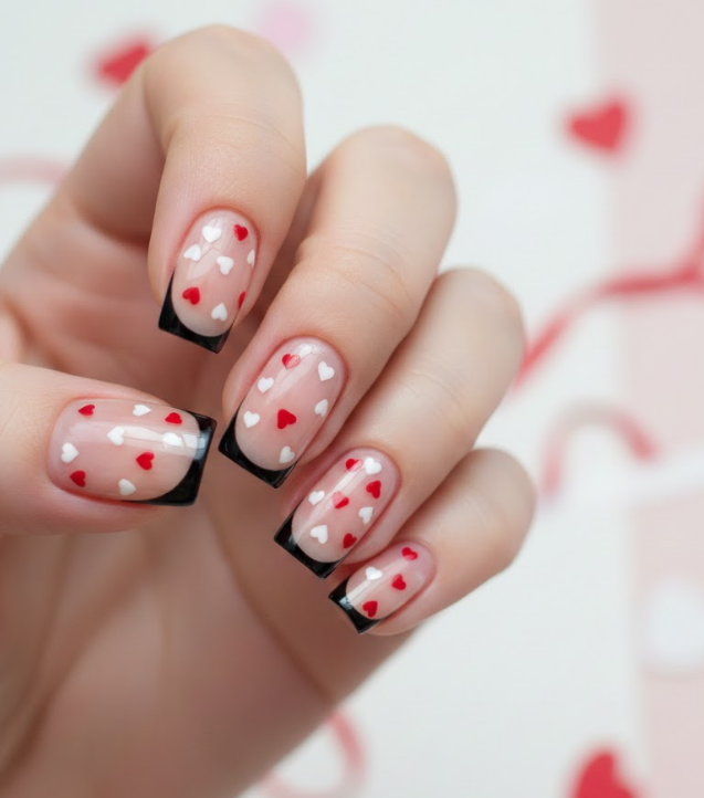 Nude nails with black French tips and tiny red or white hearts along the smile line