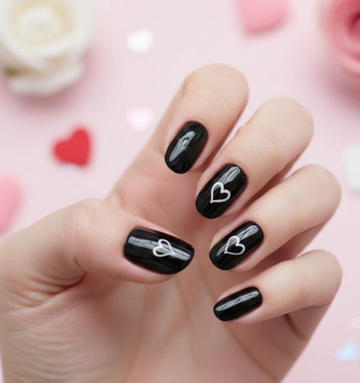 Black nails with delicate white or red heart outlines, minimalist and modern