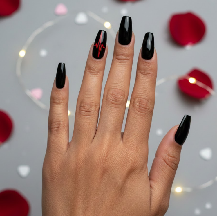 Black nails with a red or white heartbeat line across, subtle and sentimental