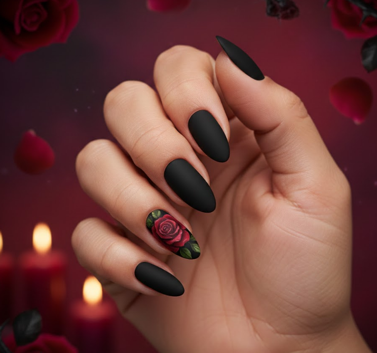 Matte black nails with a single red rose accent, romantic gothic black valentines nails