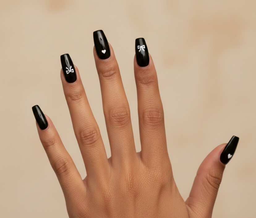 Black nails with tiny bow and heart design, playful yet romantic