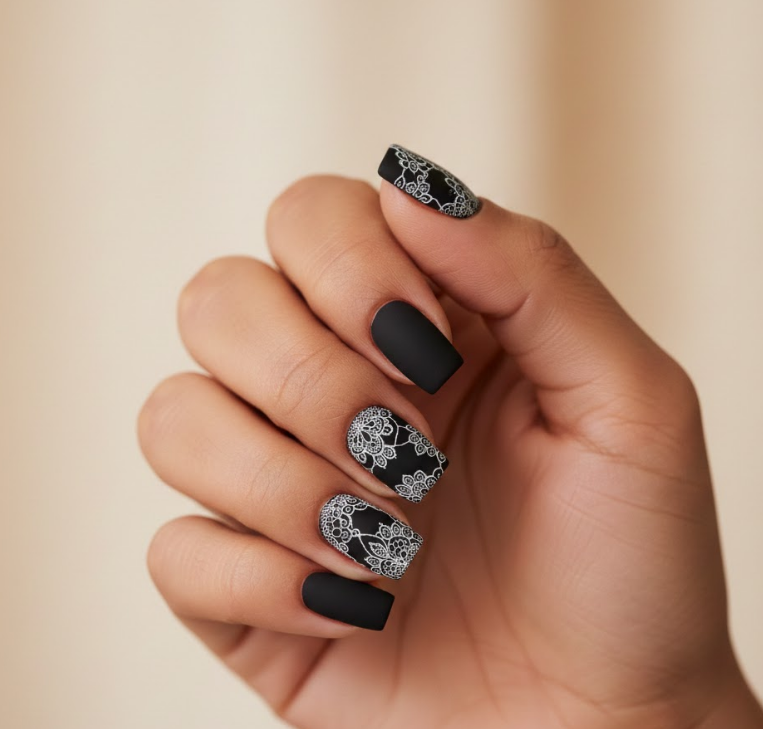 Black nails overlaid with delicate lace pattern, vintage romantic look