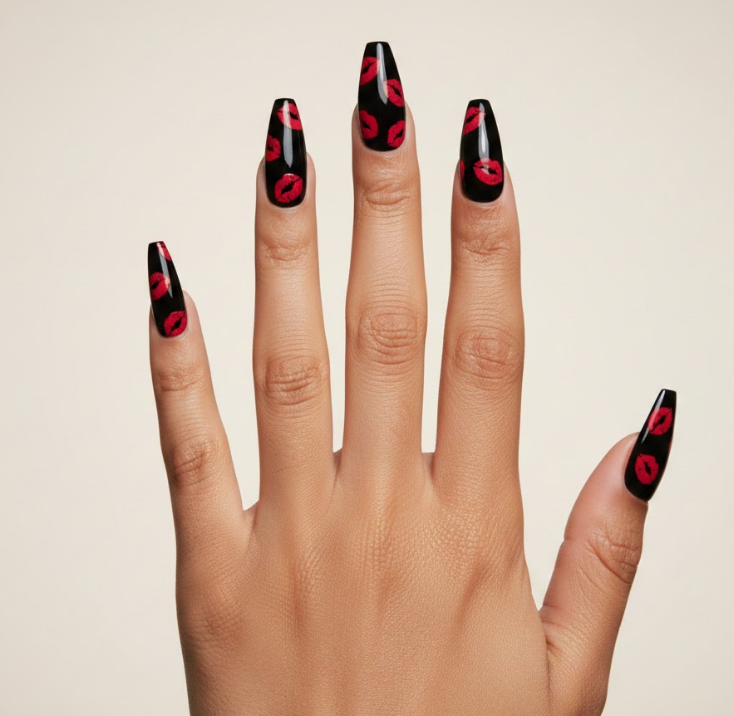 Black nails with a red lip print on each finger, bold and flirty
