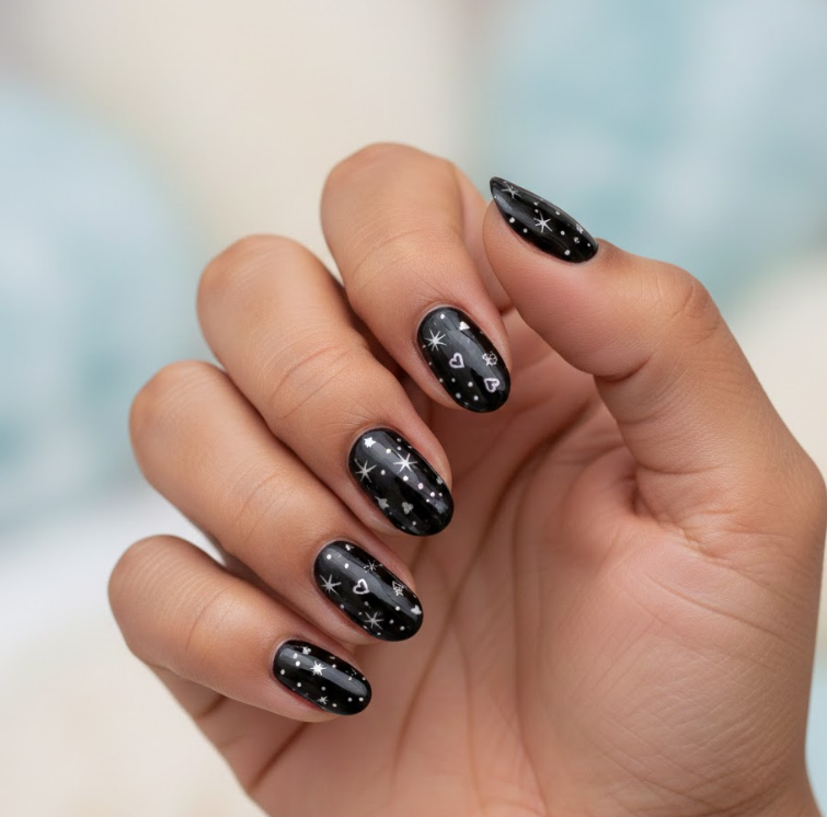 Black nails with stars and hearts, whimsical and dreamy
