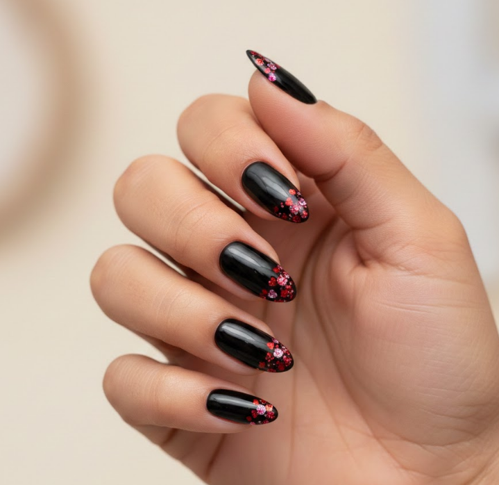 Black nails with glitter gradient forming a heart at the tips, sparkling accent