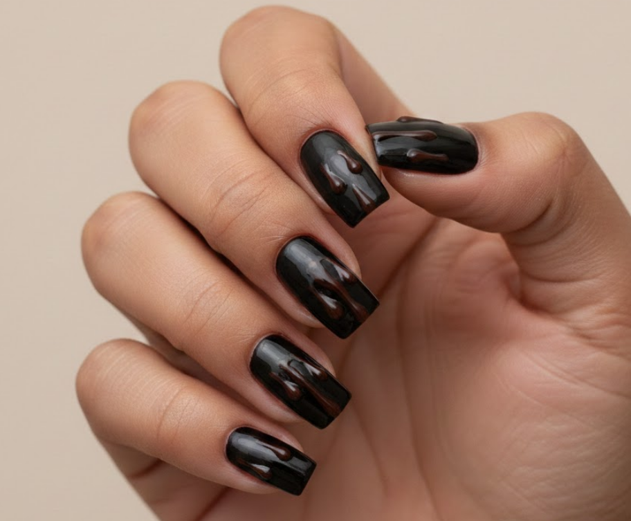 Black nails with chocolate drip effect, playful and indulgent design