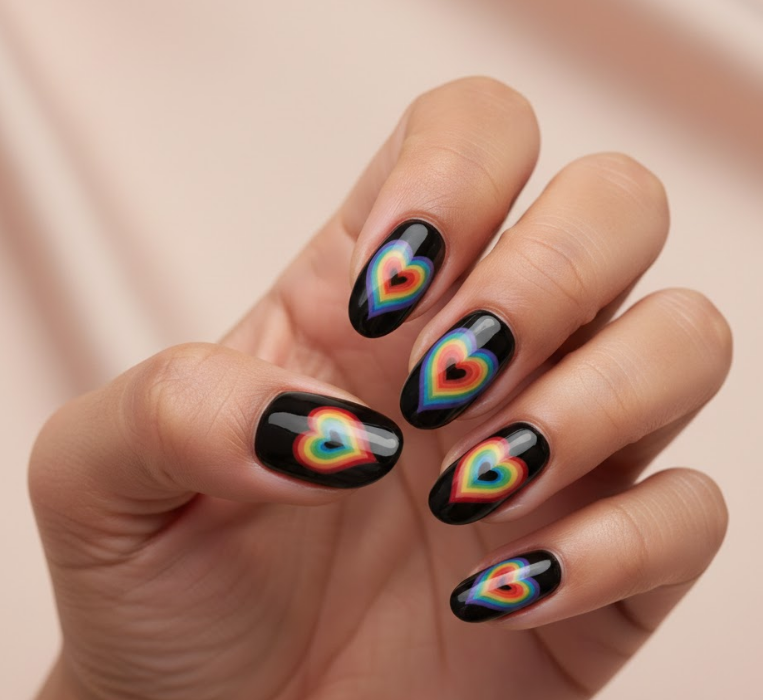 Black nails with maroon or pink aura around central hearts, mystical and soft
