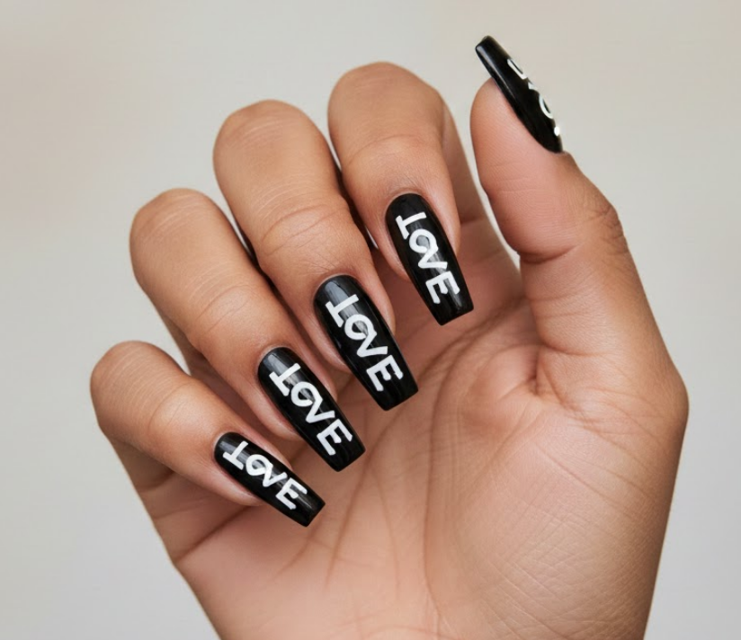 Black nails with “LOVE” in white or metallic, bold statement