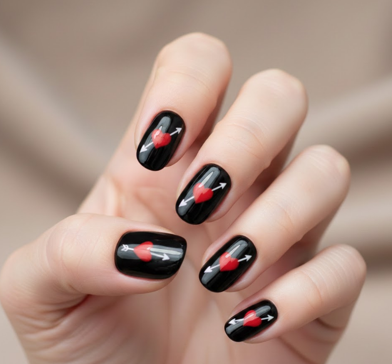 Black nails with a heart pierced by Cupid’s arrow, classic Valentine motif