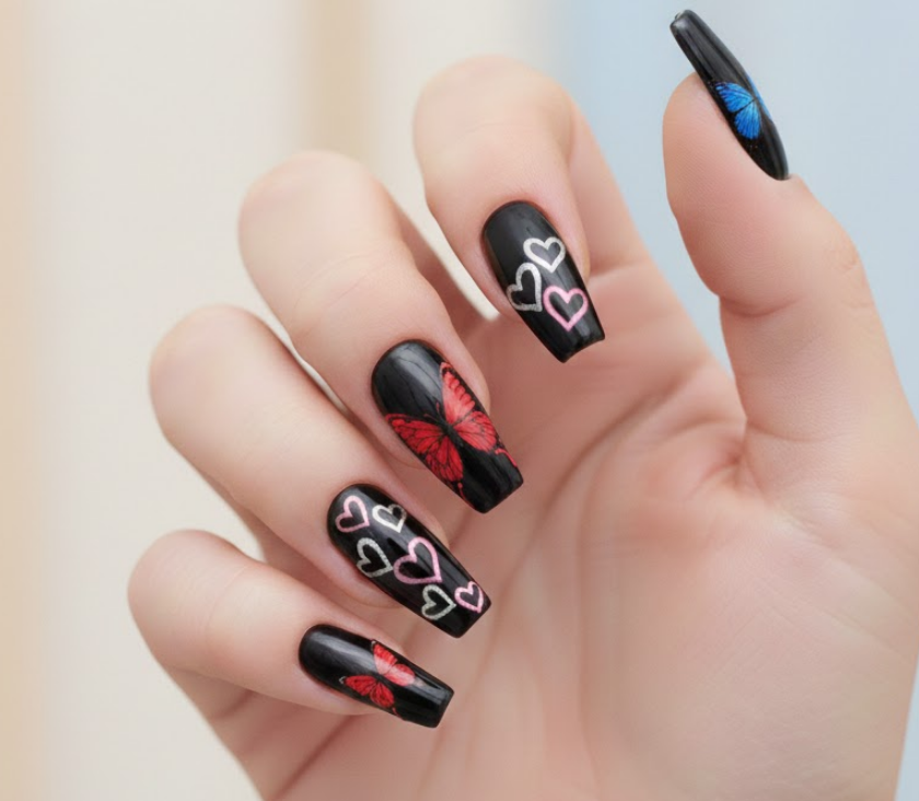 Black nails with a butterfly merging into a heart, feminine and symbolic