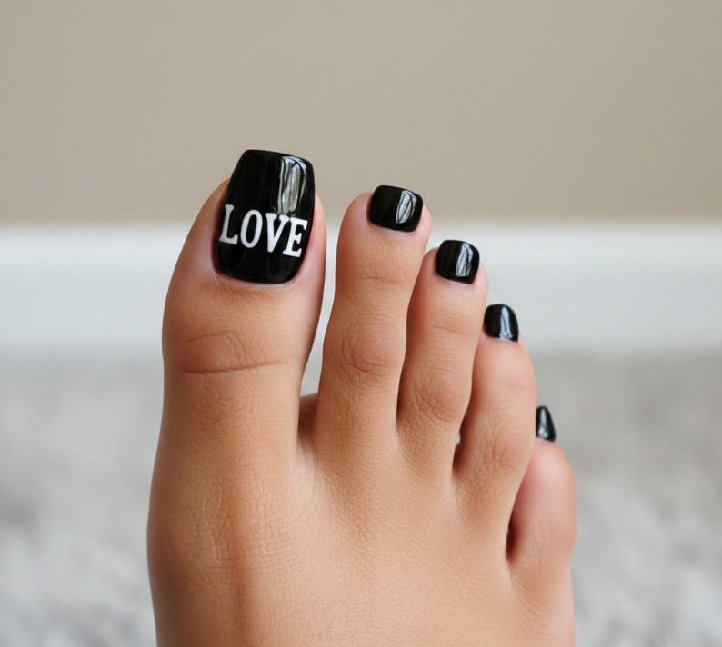 Big toe with “LOVE” written over black, coordinated hand and foot design