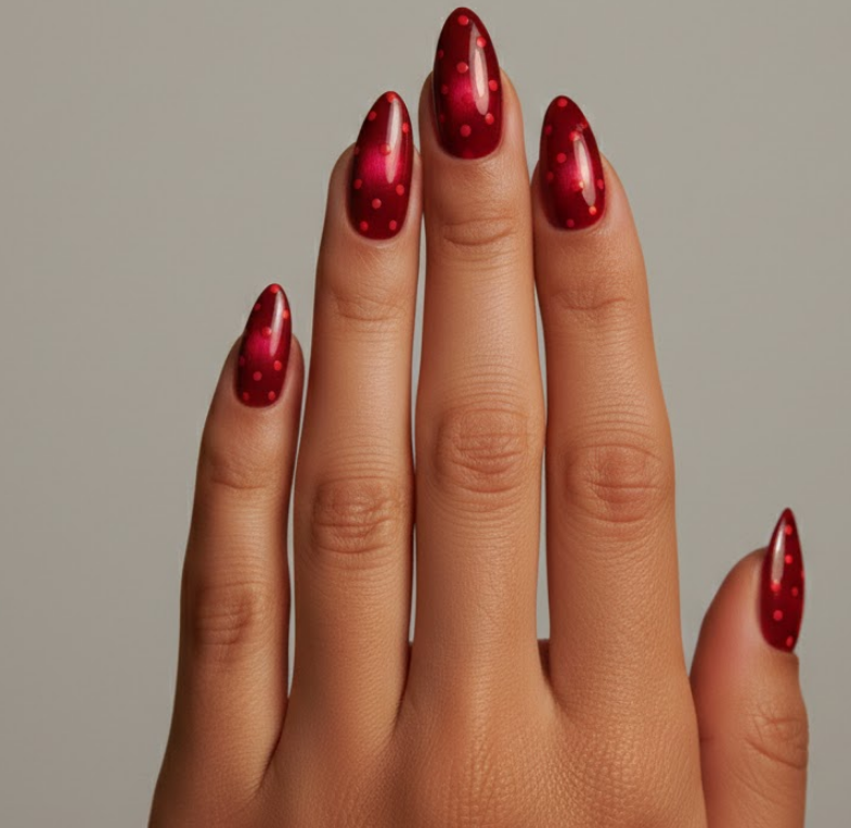 Shimmering cat-eye nails with playful red polka dots, adding dimension and a fun twist