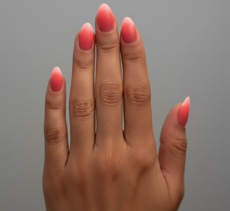 Soft glowing red halo gradient nails, subtle romance and elegance