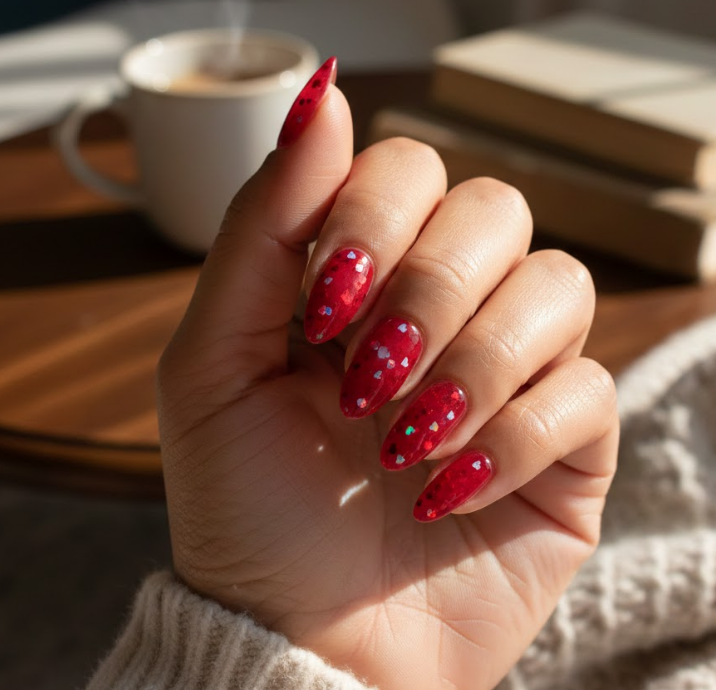 Translucent jelly red nails with tiny embedded heart glitter, light, glossy, and playful