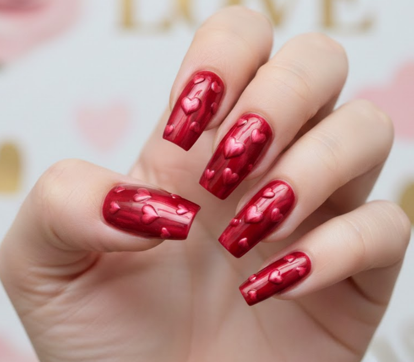 Tiny 3D hearts that shift and float with the light on red nails, romantic and modern