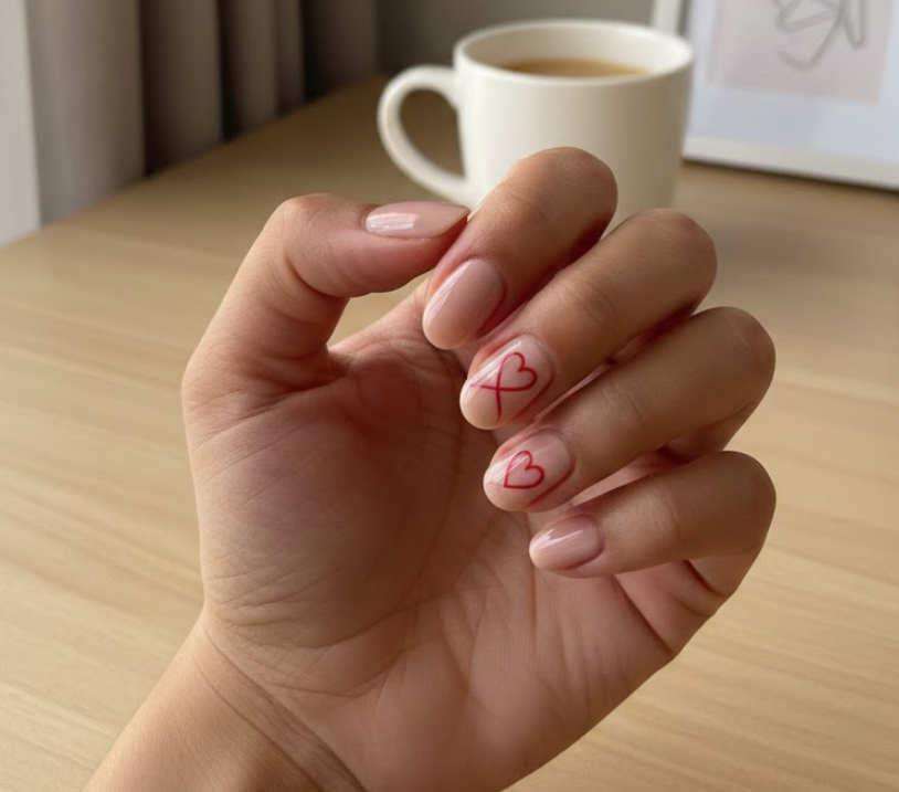 Minimal nude nails with precise red heart lines, clean and romantic