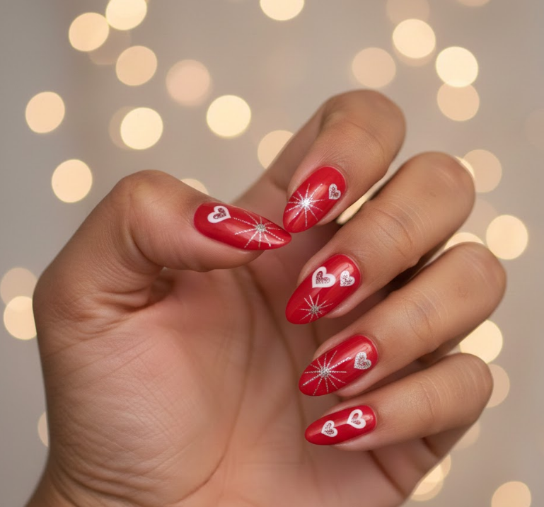 Red nails with whimsical starburst hearts, energetic and perfect for photos