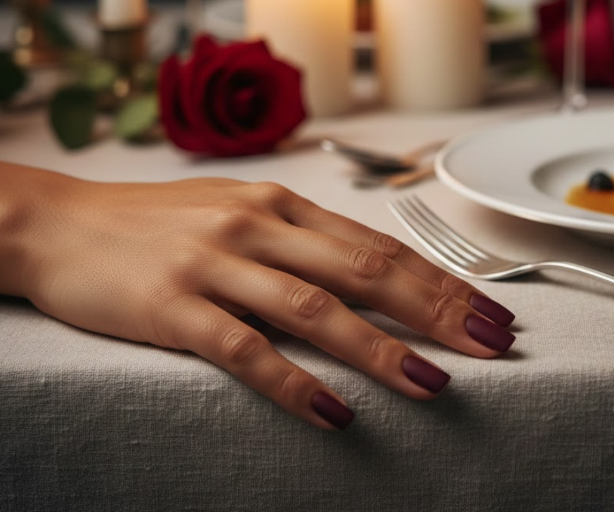 Deep burgundy matte nails, luxurious and understated for a sophisticated Valentine vibe