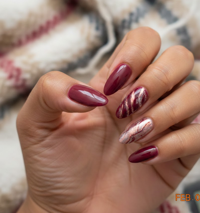 Rich berry and cranberry shades accented on select nails, cozy and stylish