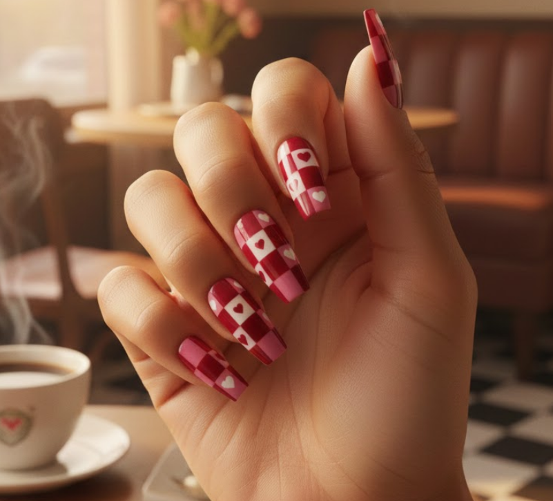 Checkerboard-inspired red nails with tiny heart accents, playful and Pinterest-worthy