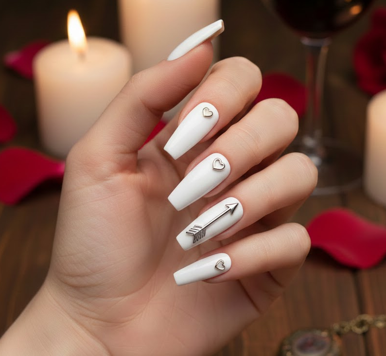 A single white nail with a tiny metallic arrow, subtle and playful, perfect for sending secret Valentine vibes